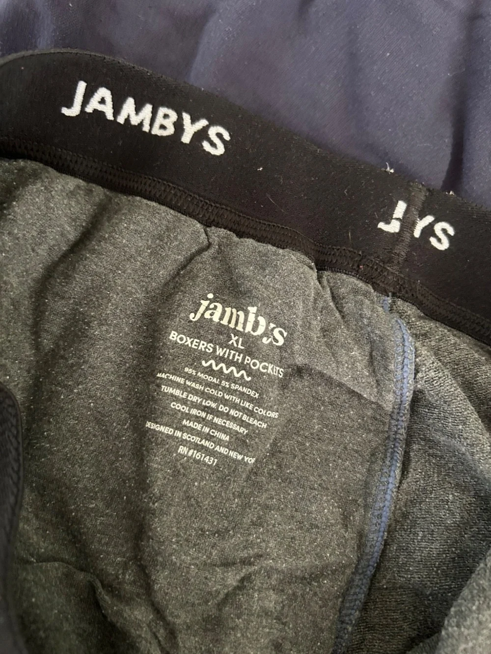 Three Pairs of JAMBYS BOXERS WITH POCKETS Size XL lt gray dk gray and navy